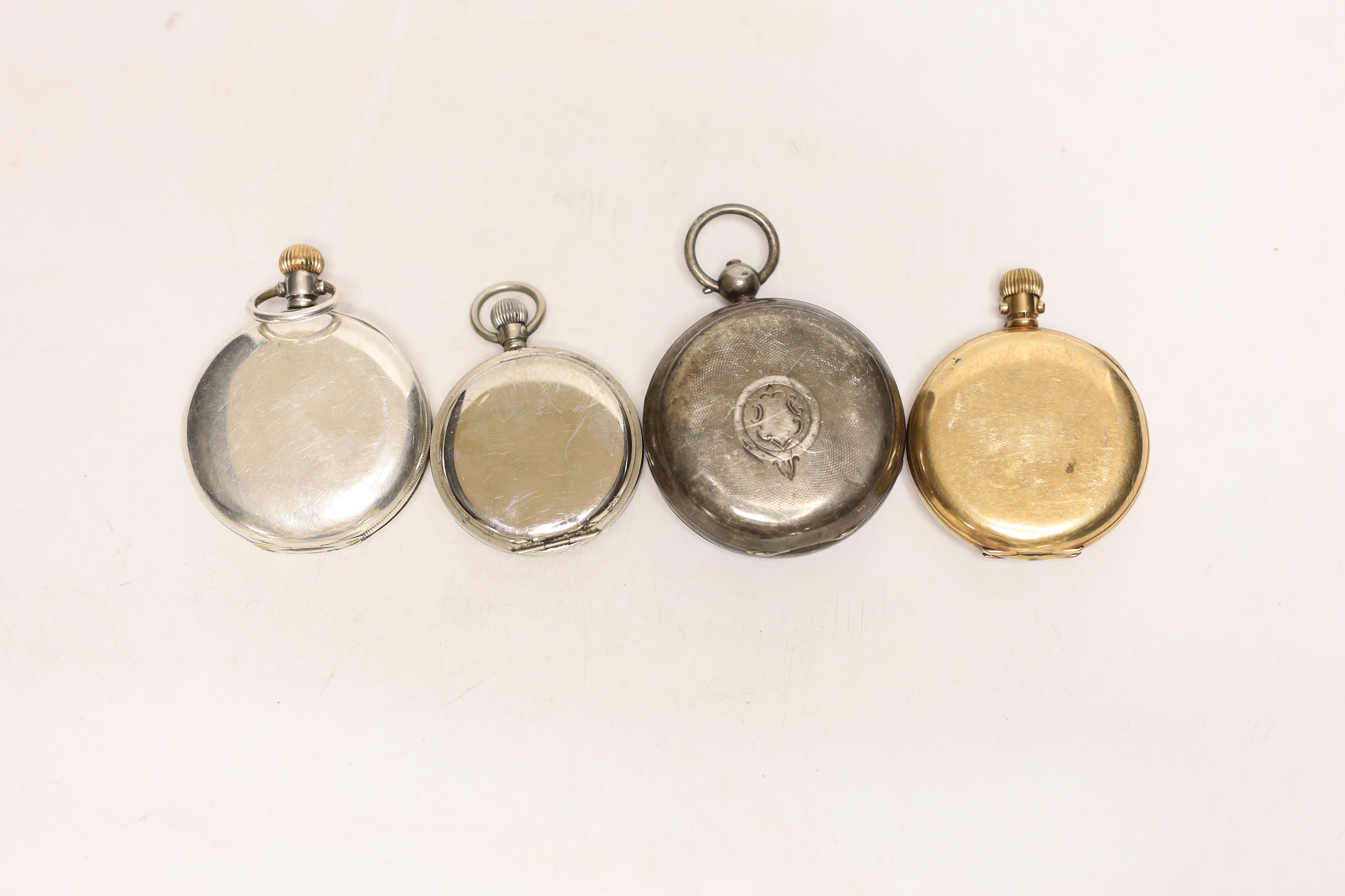 Four assorted pocket watches including gold plated Elgin and silver hunter retailed by Dunkling, Melbourne.